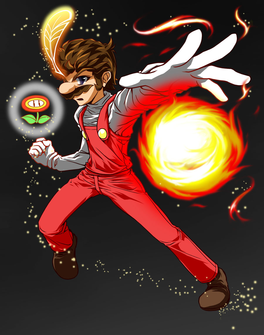 alternate_color black_background blue_eyes boots brown_hair buttons facial_hair feathers fire fire_flower fire_mario fireball gloves glowing manly mario mustache nintendo no_hat no_headwear overalls pose power-up runner_(rannaa) shiny short_hair solo sparkle super_mario_bros. super_mario_land_2 suspenders