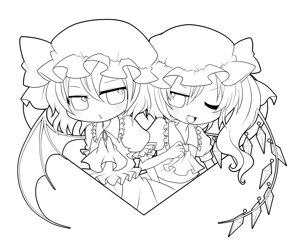 ascot bat_wings blush bow flandre_scarlet hat hat_bow hat_ribbon lineart mayura_(mayura610206) monochrome multiple_girls open_mouth puffy_sleeves remilia_scarlet ribbon short_sleeves siblings side_ponytail sisters smile touhou wings wink