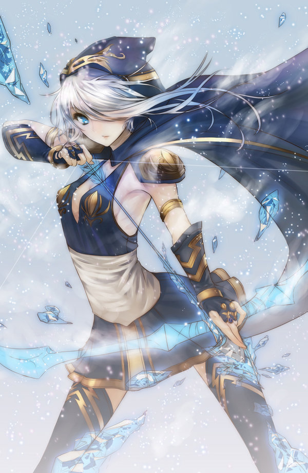 arrow ashe_(league_of_legends) blue_eyes bow_(weapon) cape ciev fingerless_gloves gloves hair_over_one_eye hood ice league_of_legends long_hair looking_at_viewer silver_hair skirt solo thigh-highs thighhighs weapon