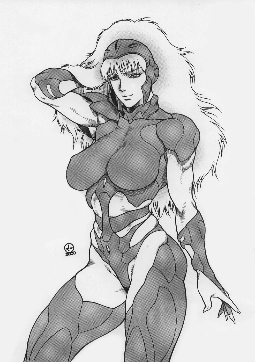1girl 2000 android armor breasts dairoku_tenma headgear highres long_hair monochrome naughty_face olga_(phoenix_2772) phoenix_(copyright) phoenix_2772 playing_with_hair realistic science_fiction seductive_smile signature toned