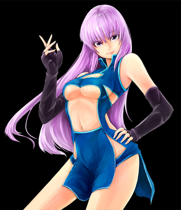 bare_shoulders black_background black_gloves breasts character_request cleavage copyright_request elbow_gloves fingerless_gloves gloves hand_on_hip long_hair purple_eyes purple_hair simple_background smile solo tsuan violet_eyes