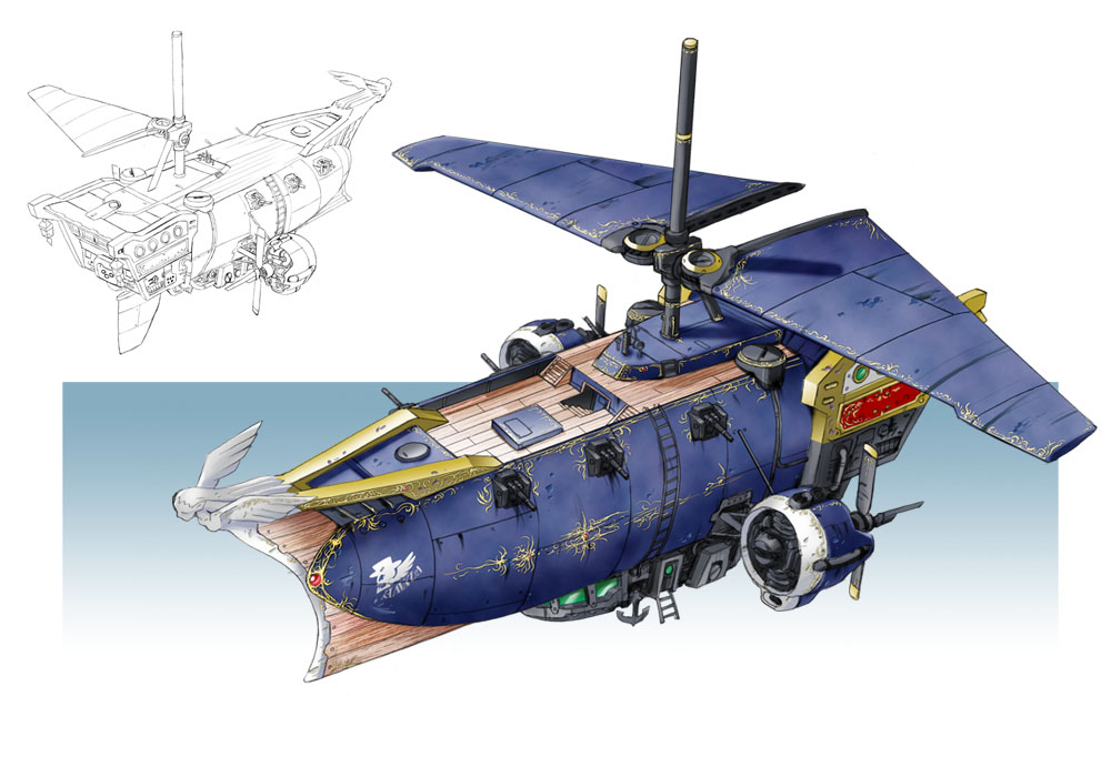 airship anchor cannon engine katahira_masashi ladder maidenhead no_humans pipes propeller stairs vehicle windows wings