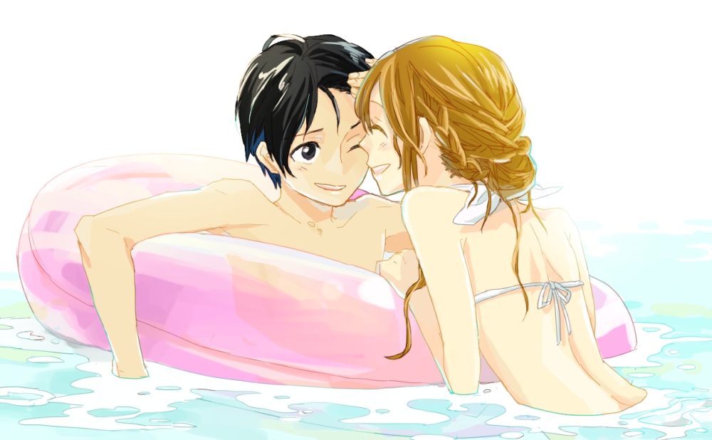 1boy 1girl a-1_pictures ascii_media_works asuna_(sao) bikini black_eyes black_hair braid brown_hair closed_eyes couple eyes_closed female_swimwear innertube kirigaya_kazuto kirito long_hair male_swimwear momonga95 short_hair submerged swim_trunks swimming swimsuit sword_art_online water wink yuuki_asuna