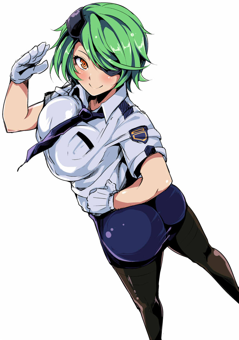 ass black_legwear breasts eon_(bottomline) eyepatch gloves green_hair hair_over_one_eye large_breasts looking_at_viewer necktie otonashi_kiruko pantyhose salute shinmai_fukei_kiruko-san short_hair simple_background skirt smile solo uniform white_gloves yellow_eyes