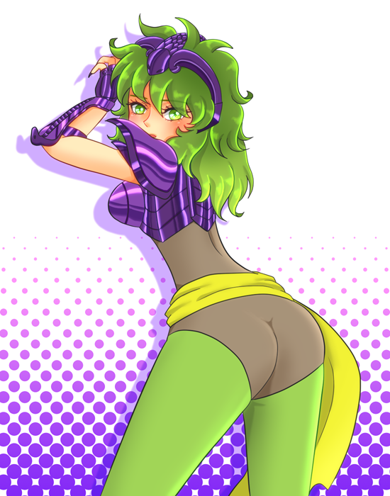 armor ass back breastplate breasts green_eyes green_hair green_legwear leotard long_hair looking_back mask mask_removed ophiuchus_shaina pantyhose saint_seiya sash shoulder_pads solo tiara