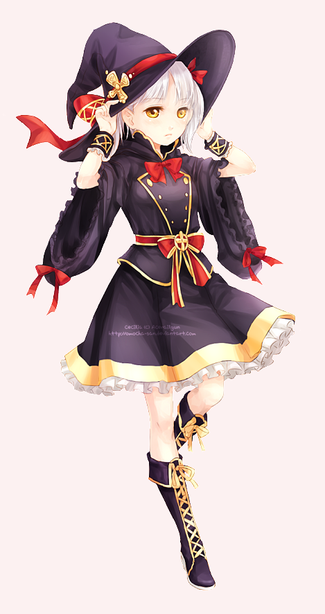 boots bowtie cross cross-laced_footwear full_body hands_on_hat hat hat_ribbon omocha-san original ribbon short_hair silver_hair skirt skirt_set solo standing_on_one_leg watermark web_address white_hair wide_sleeves witch witch_hat wrist_cuffs yellow_eyes