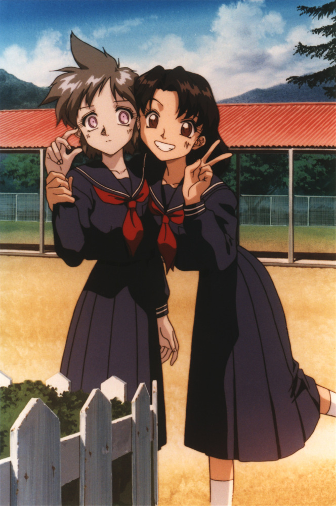 90s blue_dress brown_eyes brown_hair dress expressionless female grin key_the_metal_idol kuriyagawa_sakura long_hair mima_tokiko multiple_girls official_art purple_eyes scan school_uniform serafuku short_hair smile v violet_eyes wrist_grab