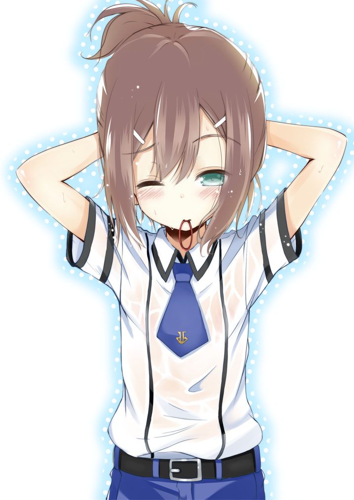 adjusting_hair aqua_eyes arms_up baka_to_test_to_shoukanjuu belt blush brown_hair dirty_deeds_done_dirt_cheap_(artist) green_eyes hair_ornament hairclip kinoshita_hideyoshi looking_at_viewer male mouth_hold nasubi_kyou ponytail rubber_band school_uniform see-through shirt short_hair short_sleeves solo trap wet wet_clothes wink