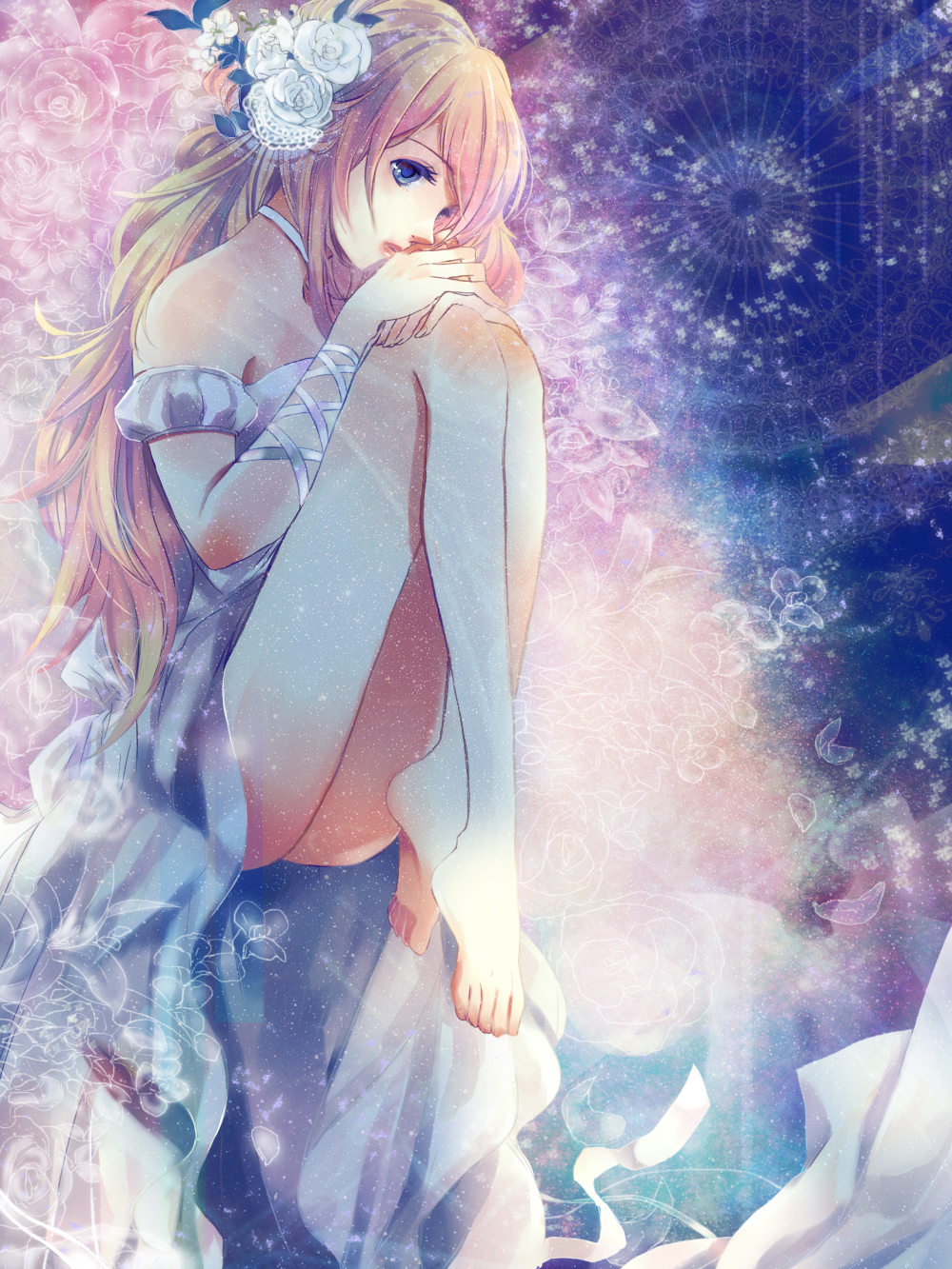 barefoot blonde_hair blue_eyes dress flower hair_ornament highres knees_on_chest lips long_hair mmk0305 original