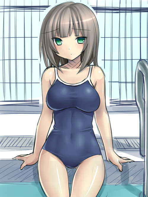 aqua_eyes bare_shoulders blush breasts clothed_navel fence impossible_clothes impossible_swimsuit long_hair one-piece_swimsuit original silver_hair sitting sketch solo swimsuit thigh_gap tsukumiya_amane water