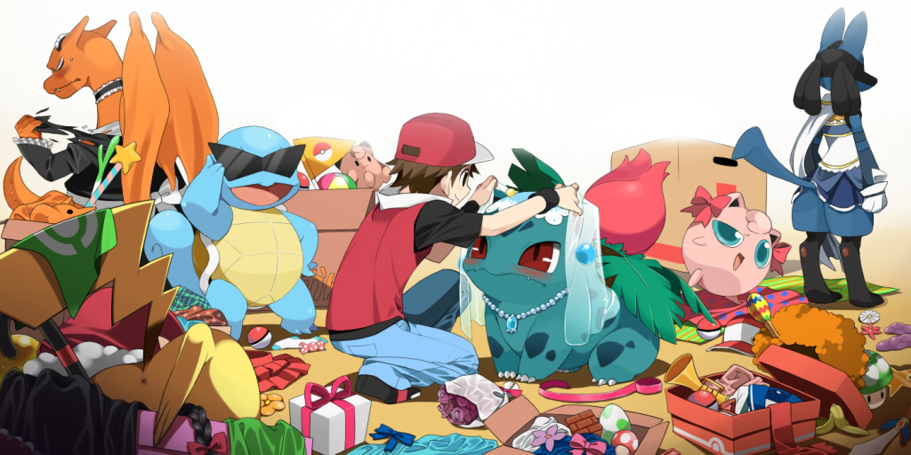 1boy 1up_mushroom agemono alternate_costume angry anus banana banana_peel baseball_cap blush bouquet box bridal_veil brown_hair cardboard_box character_doll charizard clefairy clefairy_(cameo) clothed_pokemon cosplay doll egg flag flower food fruit hat ivysaur jewelry jigglypuff lucario mahou_shoujo_madoka_magica maid mess messy miki_sayaka miki_sayaka_(cosplay) mushroom necklace pikachu poke_ball poke_ball_theme pokemon pokemon_(creature) pokemon_(game) pokemon_frlg red_(pokemon) red_(pokemon)_(remake) red_eyes revision simple_background skirt squirtle sunglasses super_mario_bros. super_mushroom super_smash_bros. sword tearing_clothes torn_clothes veil weapon yoshi_egg