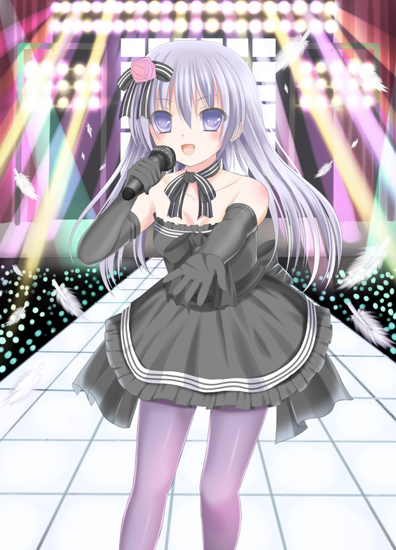 dress elbow_gloves feathers gloves hair_ornament highres ikeda_yuuki long_hair microphone neck_ribbon open_mouth original outstretched_arm pantyhose purple_eyes purple_hair purple_legwear resized revision ribbon singing solo stage violet_eyes