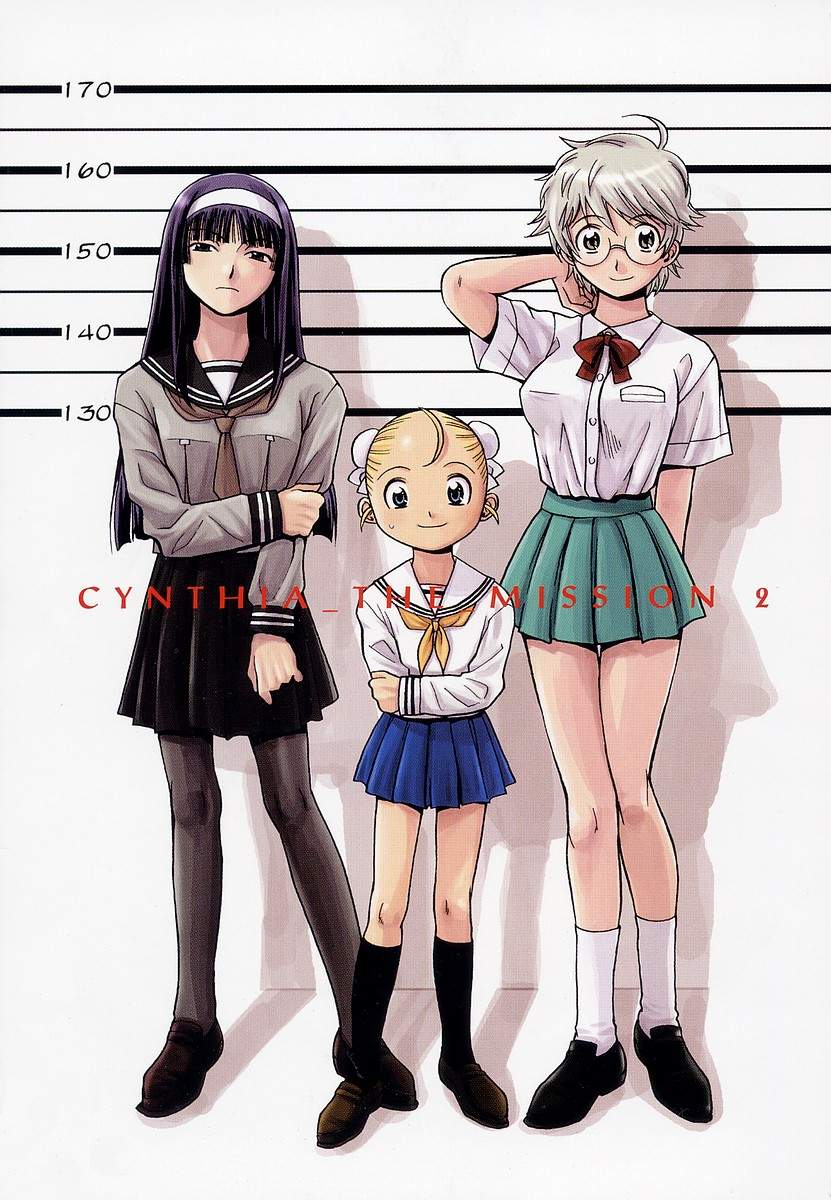 black_hair blonde_hair blue_eyes breasts bun_cover crossed_arms cynthia_rou cynthia_the_mission double_bun flat_chest glasses hairband height_chart height_difference highres kuga_araya large_breasts long_hair looking_at_viewer multiple_girls pantyhose pleated_skirt short_hair silver_hair skirt socks takatou_rui takaya_kanae