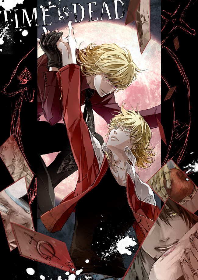 apple barnaby_brooks_jr biting black_gloves blonde_hair blood card dark_persona dual_persona food fruit glasses gloves green_eyes jacket kaburagi_t_kotetsu mochinu multiple_boys necktie ouroboros ourobunny red_eyes red_jacket tiger_&amp;_bunny