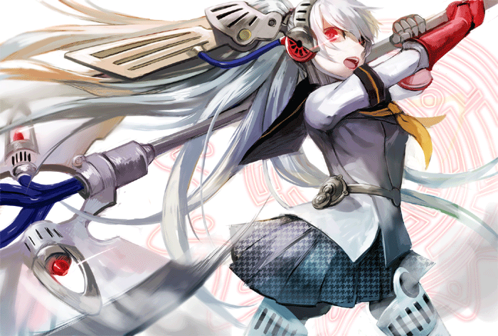 glowing glowing_eyes labrys persona persona_4:_the_ultimate_in_mayonaka_arena red_eyes school_uniform shion_(kizuro) silver_hair weapon