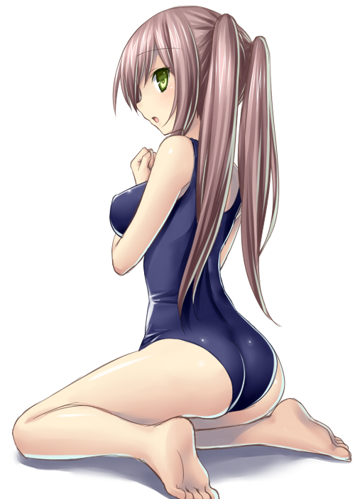 :o ass bare_legs bare_shoulders barefoot blush breasts brown_hair feet green_eyes long_hair looking_at_viewer looking_back one-piece_swimsuit original simple_background sitting soles solo swimsuit toes tsukumiya_amane twintails white_background