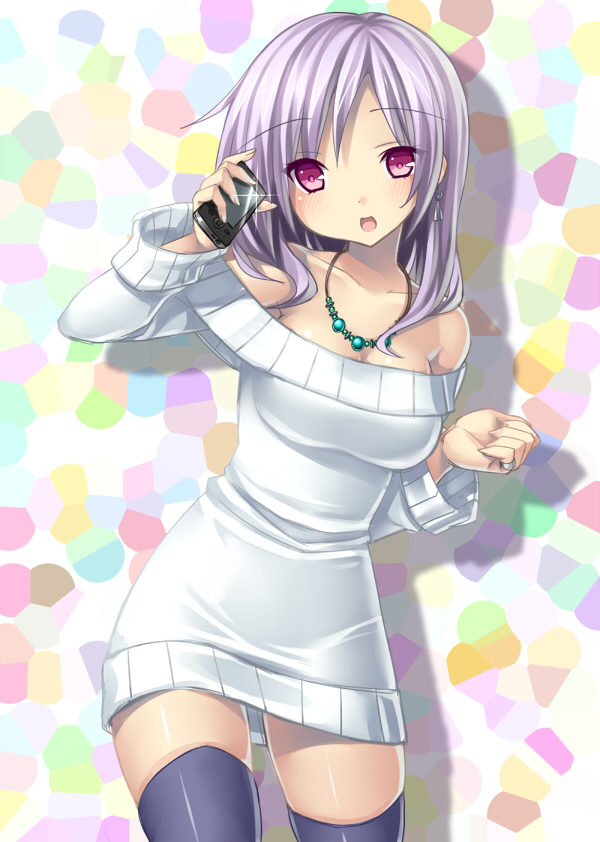 :d bare_shoulders black_legwear blush breasts cellphone collarbone cowboy_shot earrings holding jewelry lavender_hair long_hair necklace open_mouth original phone pink_eyes ring simple_background smile solo sweater sweater_dress thigh-highs thighhighs tsukumiya_amane zettai_ryouiki