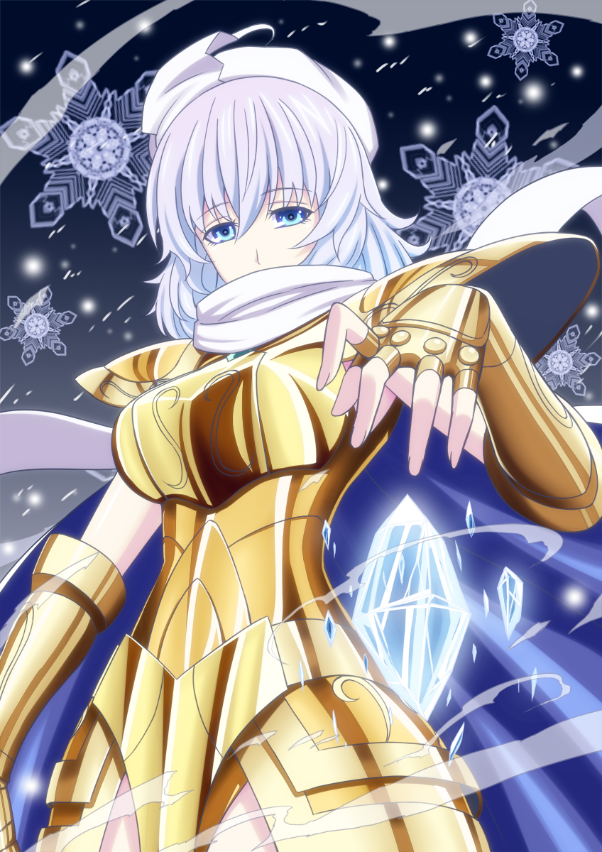 aquarius_camus armor blue_eyes character_request cosplay full_armor h-new hat highres lavender_hair letty_whiterock saint_seiya scarf short_hair solo touhou