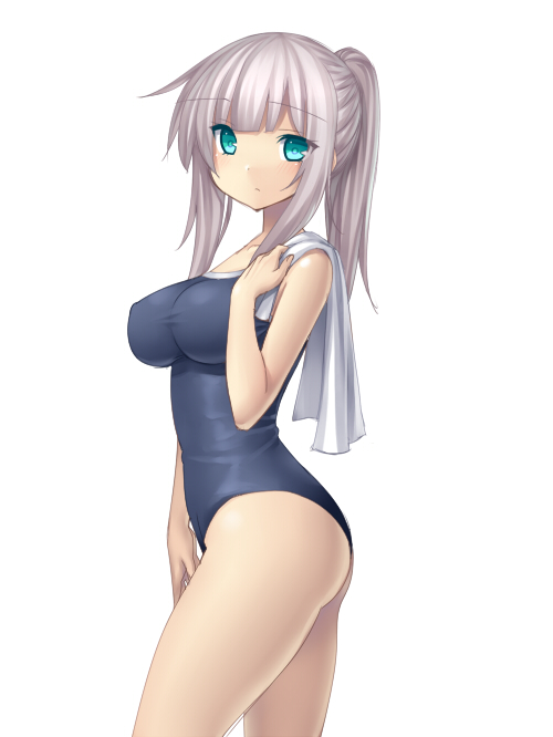 ass bare_shoulders blue_eyes blush breasts cowboy_shot holding impossible_clothes impossible_swimsuit long_hair looking_at_viewer one-piece_swimsuit original ponytail silver_hair simple_background solo swimsuit thighs towel tsukumiya_amane white_background