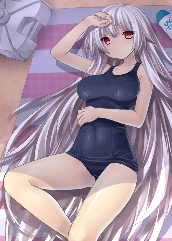 arm_up breasts collarbone impossible_clothes impossible_swimsuit long_hair looking_at_viewer lying on_back one-piece_swimsuit original pink_eyes school_swimsuit shade silver_hair solo striped swimsuit towel tsukumiya_amane very_long_hair