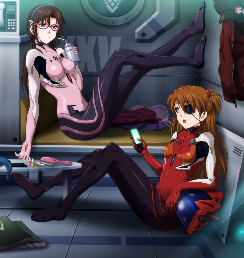 :o blue_eyes brown_hair cellphone clothed_navel collarbone evangelion:_3.0_you_can_(not)_redo eyepatch glasses hair_ornament hair_over_breasts long_hair looking_at_another makinami_mari_illustrious microwave multiple_girls neon_genesis_evangelion open_mouth phone plugsuit rebuild_of_evangelion shian_(my_lonly_life.) shikinami_asuka_langley sitting soryu_asuka_langley souryuu_asuka_langley straw table