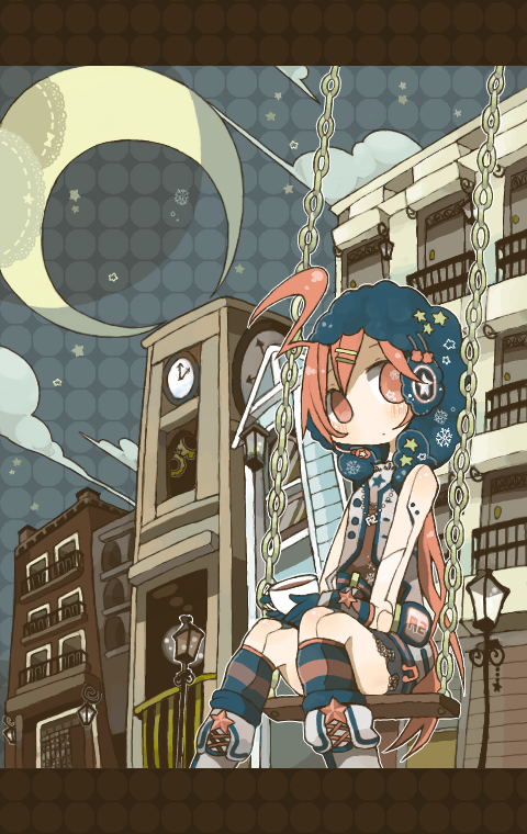 android boots clock clock_tower cup dress earmuffs gloves hair_ornament hairclip headphones higashi_(azm) long_hair miki_(vocaloid) moon night red_eyes red_hair redhead robot_joints sf-a2_miki sitting socks solo striped swing tea tower vocaloid