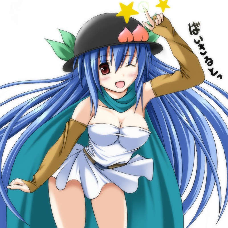 blue_hair cosplay dragon_quest dragon_quest_iii food fruit hat hinanawi_tenshi long_hair mumei peach red_eyes sage_(dq3) sage_(dq3)_(cosplay) solo touhou
