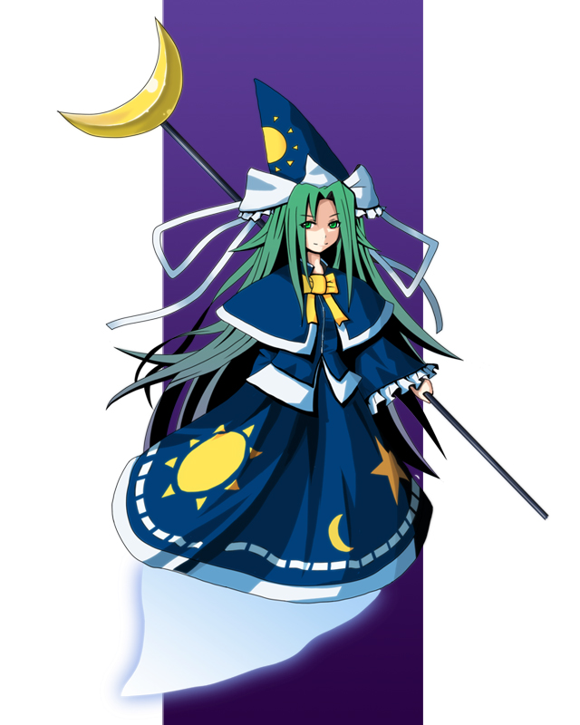 green_eyes green_hair hat long_hair mima mizutama_(11341737) moon solo staff star sun sun_(symbol) touhou wizard_hat