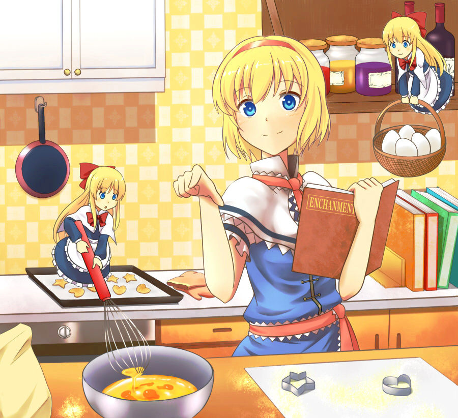 bad_id blonde_hair blue_eyes book bow capelet cookie cookie_cutters cooking doll egg engrish food hair_bow hairband kitchen pointing ranguage shanghai shanghai_doll short_hair smile touhou tsuchifumazu