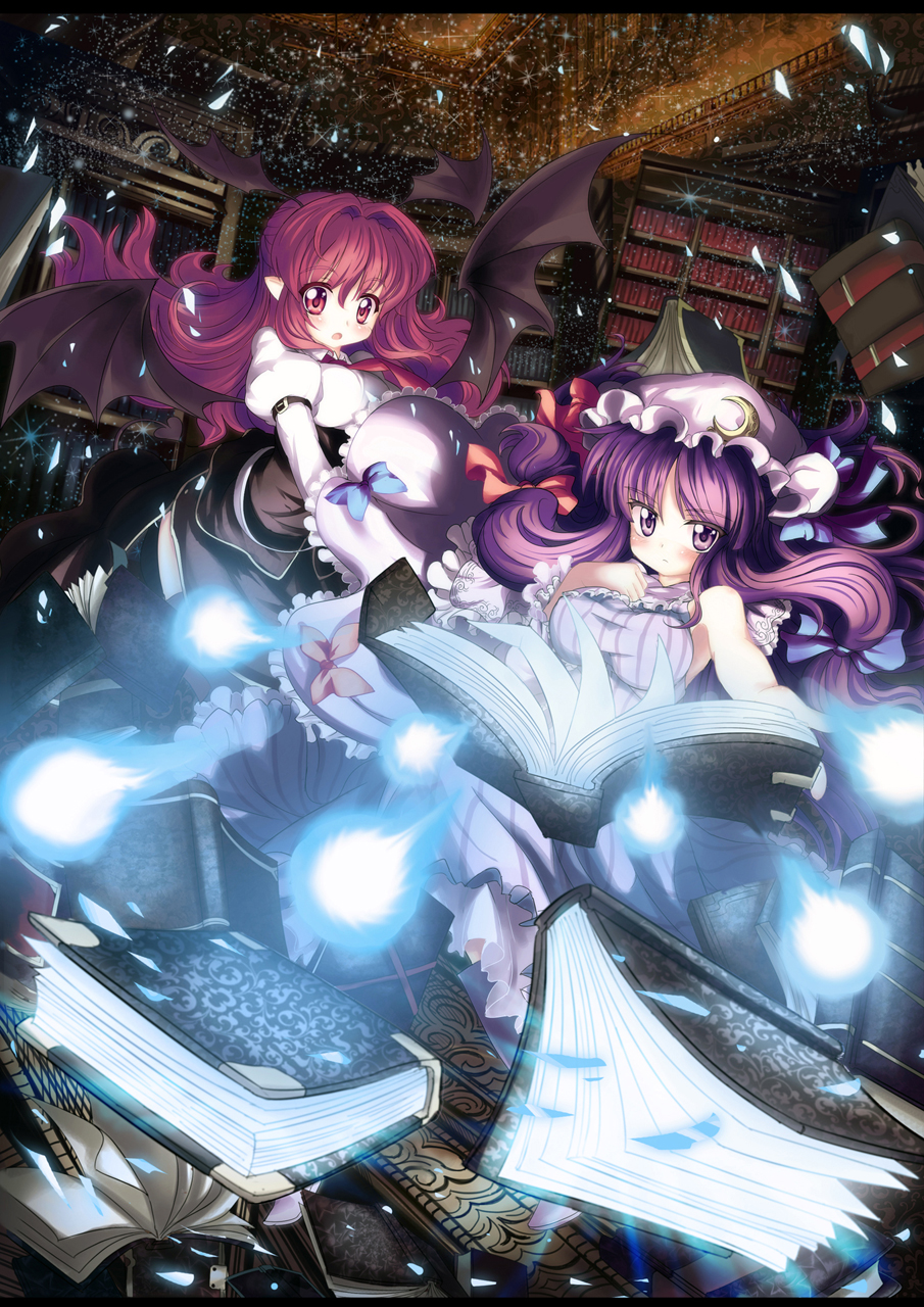 abyss_of_parliament bat_wings book bookshelf bow crescent crescent_moon hair_ribbon hat head_wings headwings highres koakuma library long_hair multiple_girls north_abyssor patchouli_knowledge pointy_ears purple_eyes purple_hair red_eyes red_hair redhead ribbon touhou voile wings