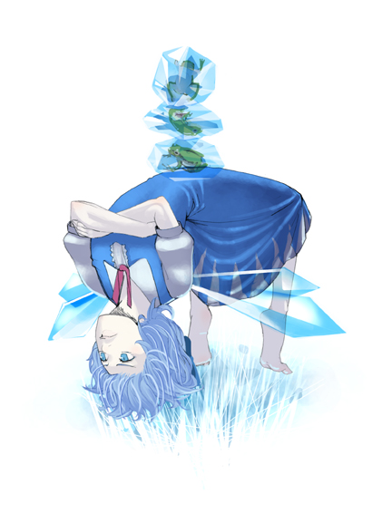 barefoot blue_eyes blue_hair cirno crossed_arms exercise frog frozen ice s_kengo short_hair simple_background solo stretch tiptoes touhou upside-down