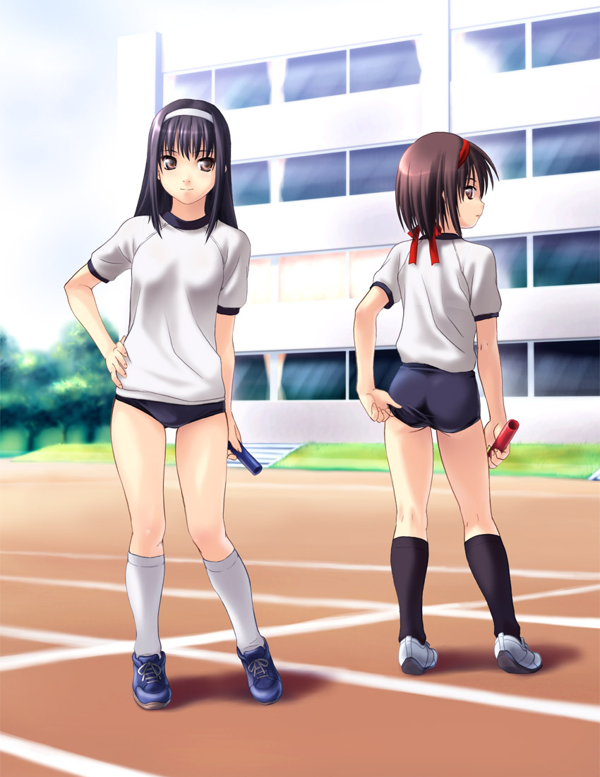 ass black_legwear brown_hair buruma gym_uniform hairband kneehighs kneepits legs long_hair looking_back norizou_type-r purple_hair relay_baton relay_race shoes short_hair sneakers socks track_and_field white_legwear