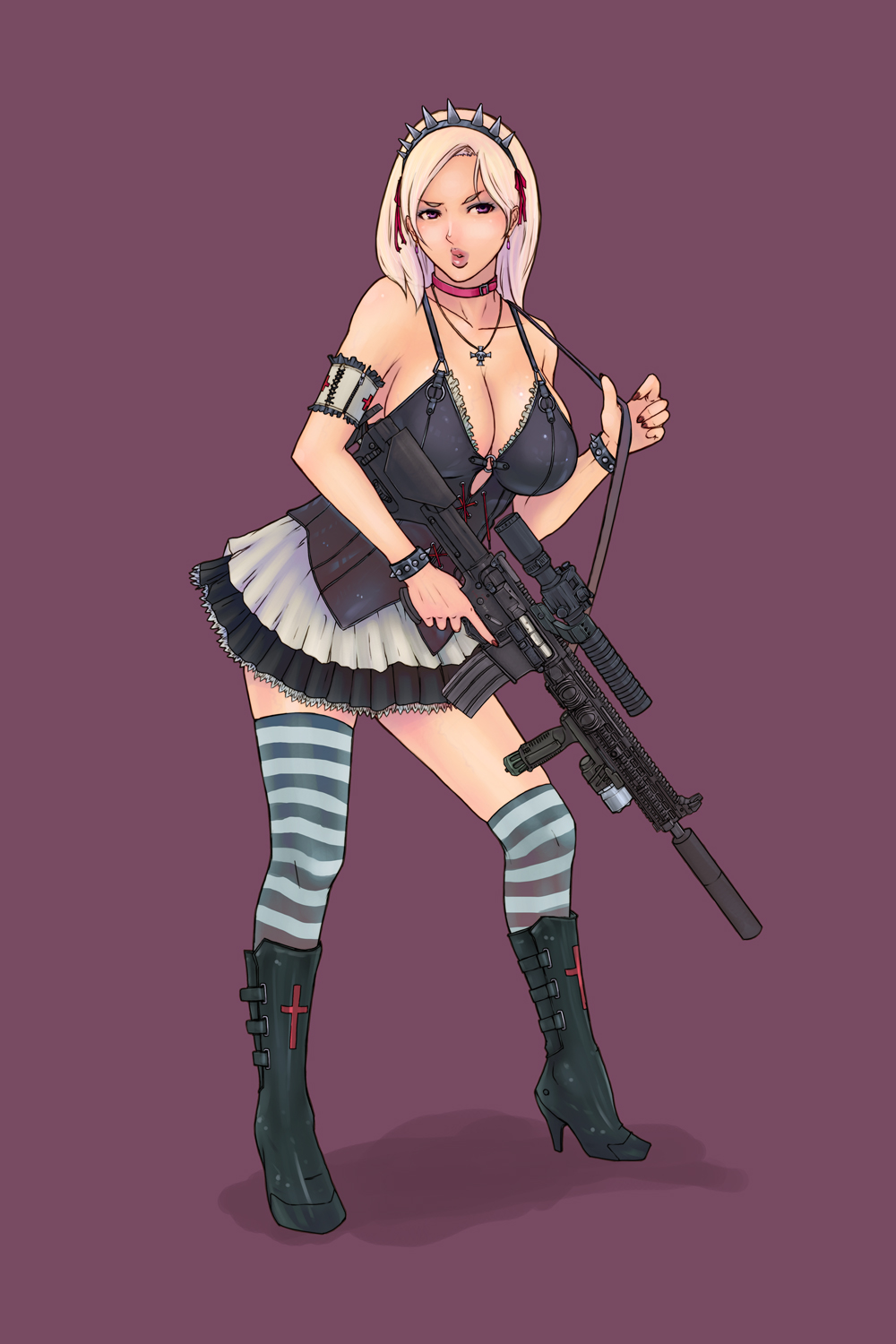 assault_rifle blonde_hair boots breasts cleavage gun hands high_heels highres huge_breasts jewelry large_breasts legs lips long_hair nail_polish necklace original purple_eyes rifle scope shoes simple_background skirt solo striped striped_legwear striped_thighhighs suppressor thigh-highs thighhighs trigger_discipline vertical_foregrip violet_eyes weapon