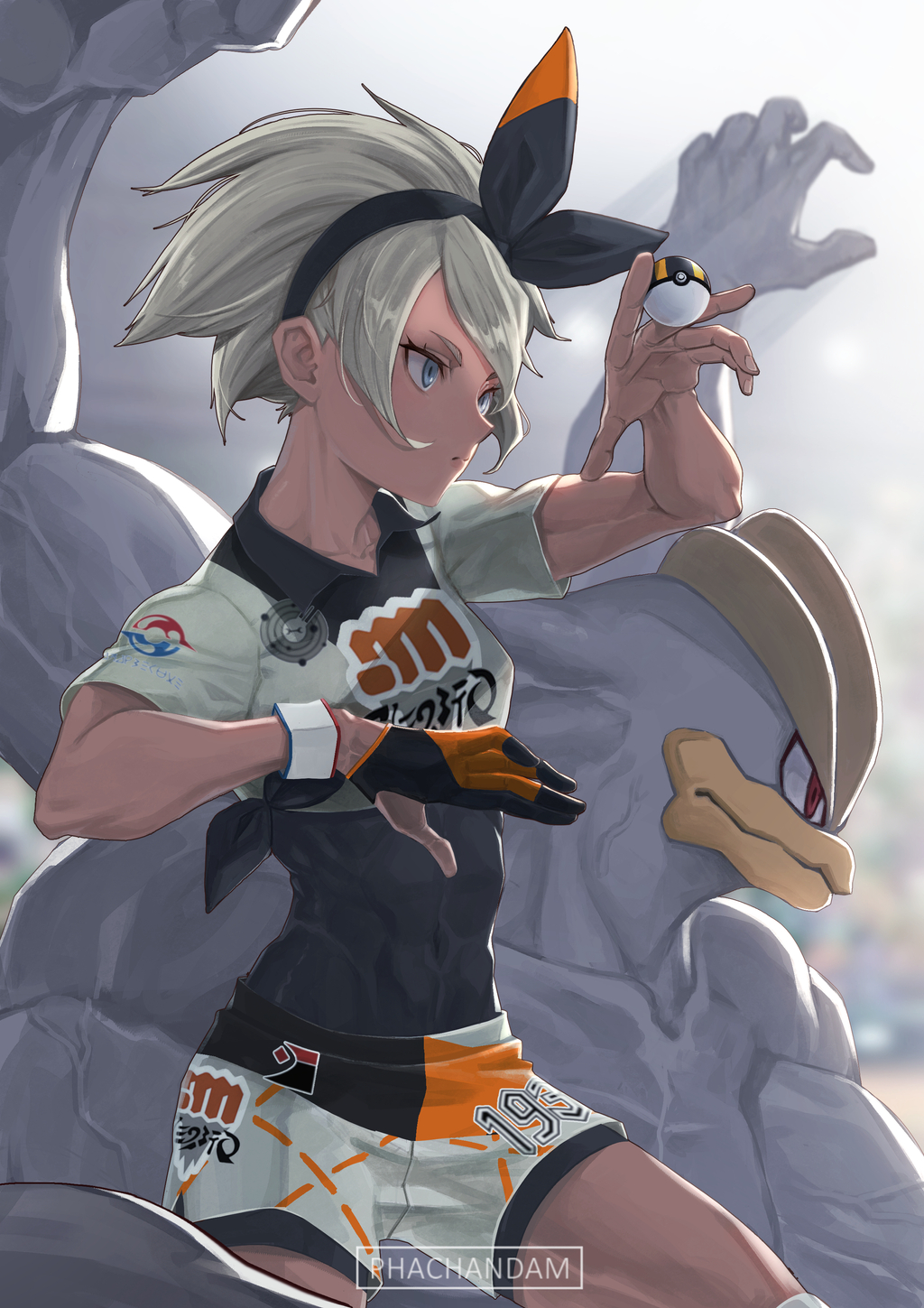 1girl artist_name black_hairband blue_eyes bodysuit_under_clothes covered_navel cowboy_shot gloves grey_hair hairband highres holding holding_poke_ball machamp master_ball phachandam poke_ball pokemon pokemon_(creature) pokemon_(game) pokemon_swsh saitou_(pokemon) short_hair short_sleeves shorts single_glove two-tone_gloves veins