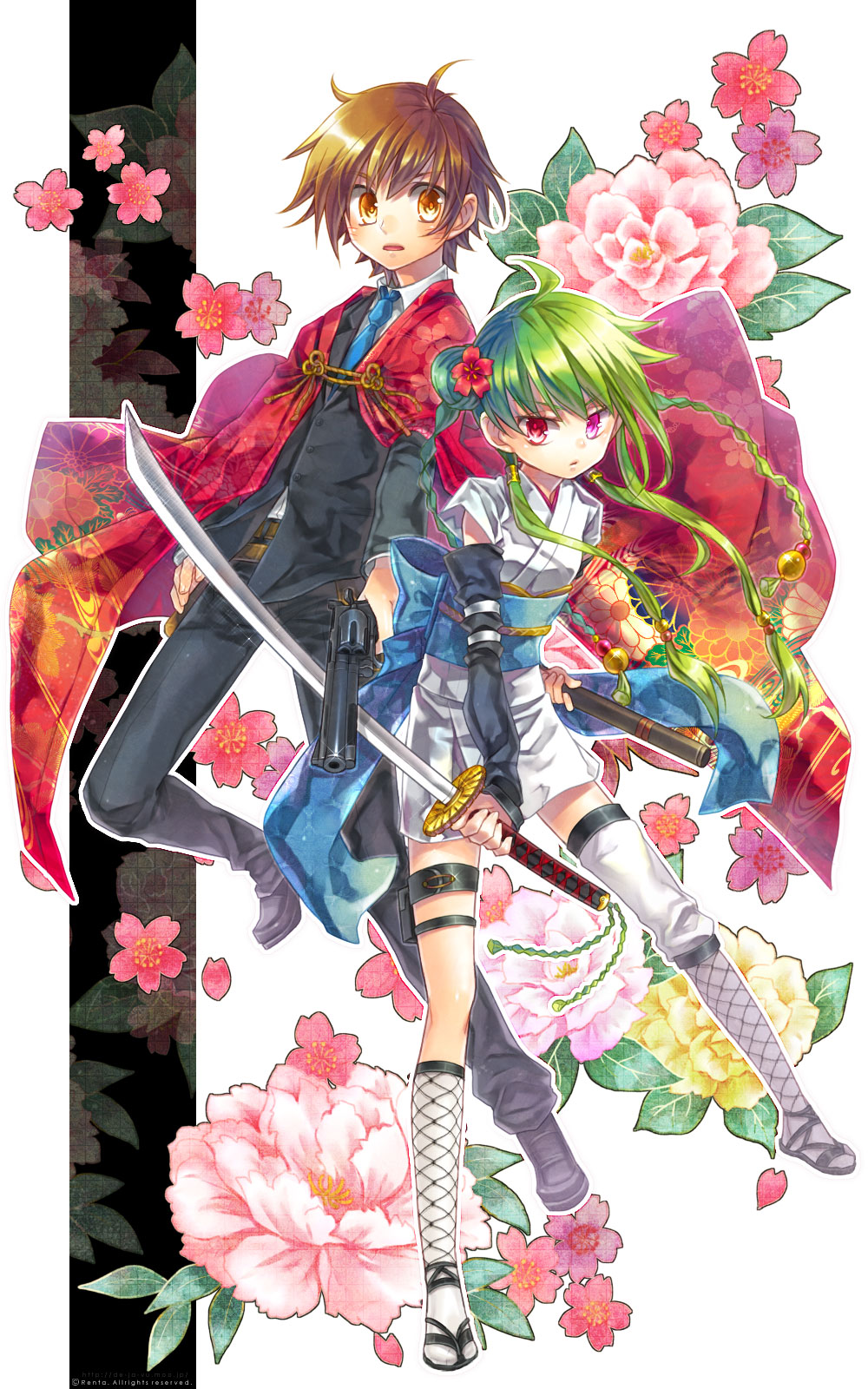 1girl bad_id brown_hair clothes flower green_hair gun hair_flower hair_ornament highres japanese_clothes katana obi original red_eyes renta revolver sword traditional weapon yellow_eyes