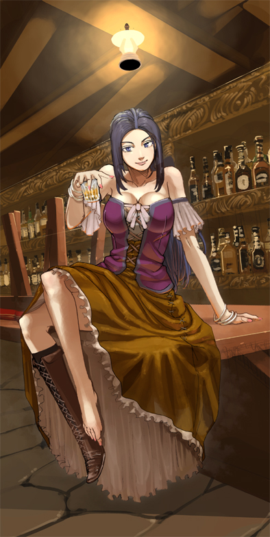 1girl bar bar_maid bare_shoulders barefoot beer blue_eyes blue_hair boots breasts cleavage corset crossed_legs dragon_quest dragon_quest_ix female large_breasts legs long_hair ruida s_kengo shoes single_shoe sitting smile solo