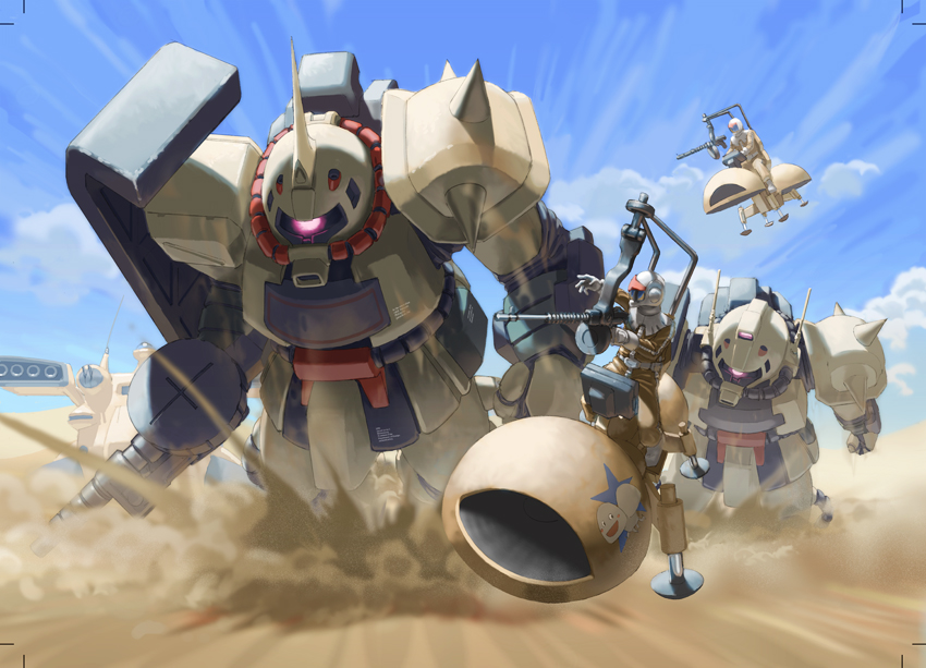 fmu gallop gundam gundam_msv mecha pilot_suit sand soldier zaku zaku_desert_type zaku_ii