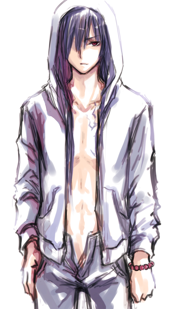 1boy abs bangs blue_hair bracelet casual d.gray-man hair_down hair_over_one_eye hood jeans kanda_yuu long_hair male open_jacket pants red_eyes serious shirtless simple_background sketch solo tattoo uonu_mayuu uonuma_yuu white_background