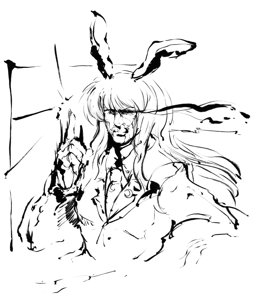 animal_ears bad_id bunny_ears genderswap lewis male monochrome moustache pointing rabbit_ears reisen_udongein_inaba solo touhou traditional_media