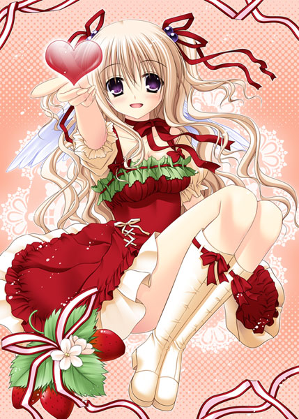 boots dress food food_themed_clothes frills fruit hair_ribbon hazumi_rio heart legs long_hair original ribbon smile solo strawberry twintails