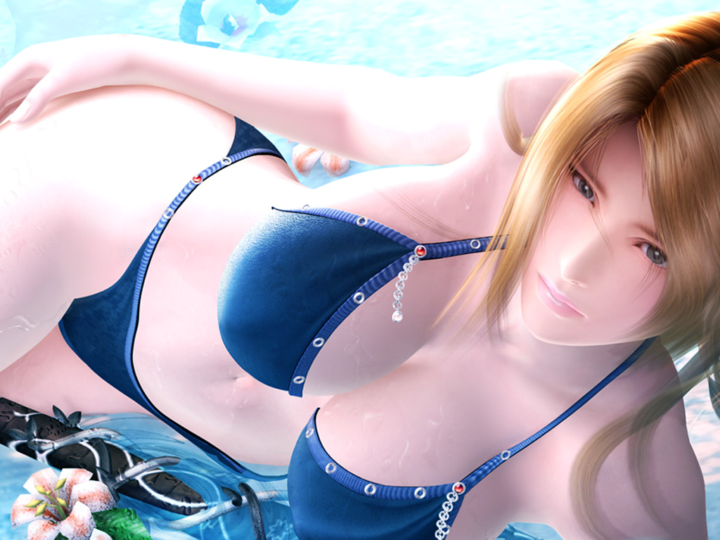 3d bikini blonde_hair blue_bikini breasts flower green_eyes illusion long_hair sexy_beach solo swimsuit