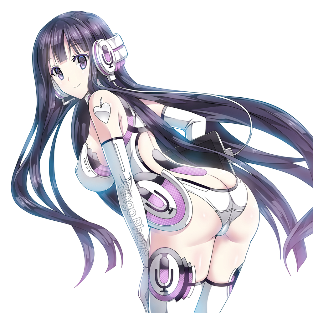 akaza apple_inc. ass bare_shoulders black_eyes black_hair breasts butt_crack character_request elbow_gloves gloves hands_on_knees headset leaning_forward long_hair looking_at_viewer personification sideboob simple_background siri smile solo thigh-highs thighhighs very_long_hair white_background white_legwear