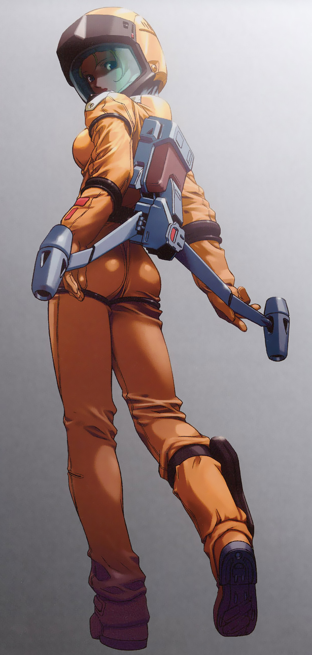 artist_request ass character_request from_behind gloves gundam helm helmet highres jetpack jpeg_artifacts looking_back mobile_suit_gundam reccoa_londe sayla_mass science_fiction simple_background solo spacesuit zeta_gundam