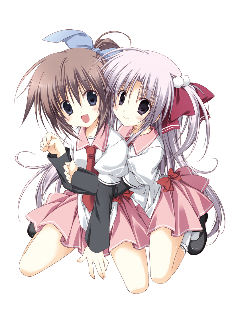 2girls :d blue_eyes blush bow brown_hair character_request hair_bow hug hug_from_behind kneeling korie_riko long_hair multiple_girls nanjou_nazuna open_mouth pink_hair ponytail purple_eyes sakurai_mizuki_(tsuki_tsuki!) school_uniform simple_background smile tsuki_tsuki! very_long_hair violet_eyes white_background