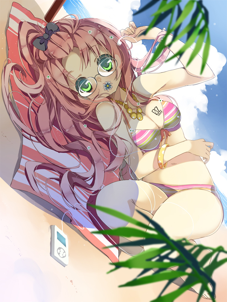 bespectacled bikini bow breasts cleavage digital_media_player earphones error flower glasses green_eyes greene_eyes hair_bow long_hair looking_at_viewer lying masushita_ito megurine_luka on_side pink_hair solo swimsuit vocaloid