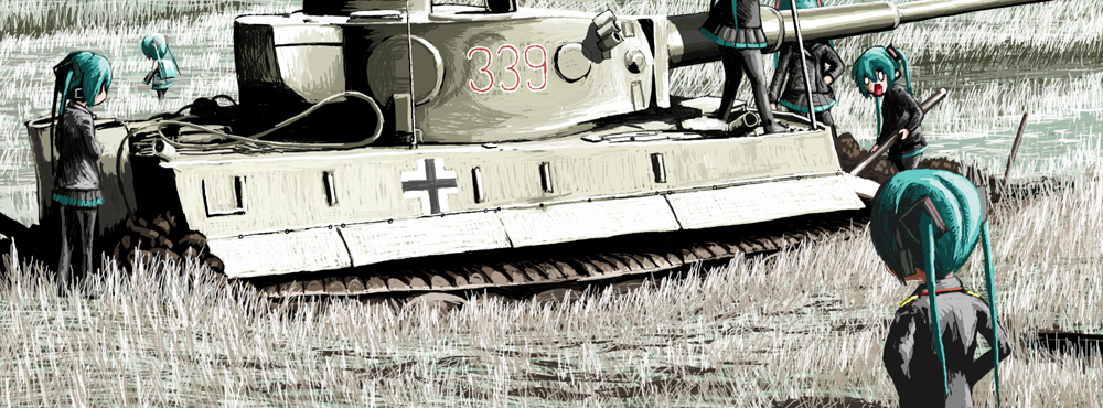 digging grass hatsune_miku iron_cross military military_uniform military_vehicle rxjx stuck tank tiger_(tank) twintails uniform vehicle vocaloid world_war_ii