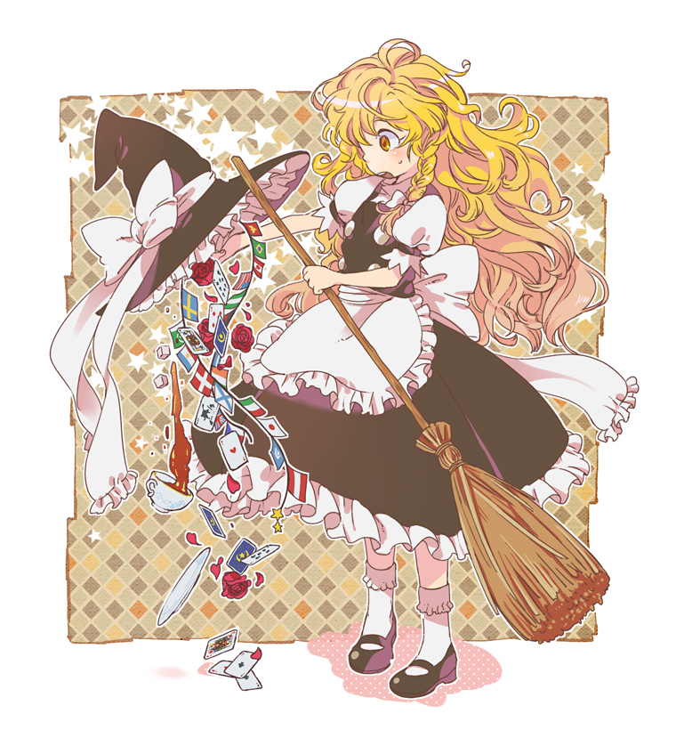 :o apron blonde_hair bobby_socks bow braid brown_hair card cup dress flag flower hat hat_bow hat_removed headwear_removed kirisame_marisa long_hair mary_janes messy_hair open_mouth plate playing_card rose shoes single_braid socks solo star tea teacup touhou waist_apron witch_hat yellow_eyes yukataro