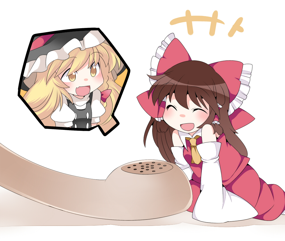 2girls ascot blonde_hair blush bow braid brown_hair detached_sleeves hair_bow hair_tubes hakurei_reimu hammer_(sunset_beach) hat kirisame_marisa long_hair multiple_girls open_mouth phone puffy_sleeves short_sleeves side_braid single_braid touhou very_long_hair white_background wide_sleeves witch_hat yellow_eyes