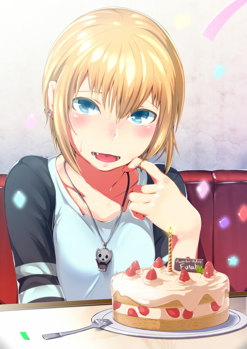 birthday_cake blonde_hair blue_eyes blush cake candle donarudo fang food happy_birthday highres jewelry kon_futaba necklace solo soredemo_machi_wa_mawatteiru