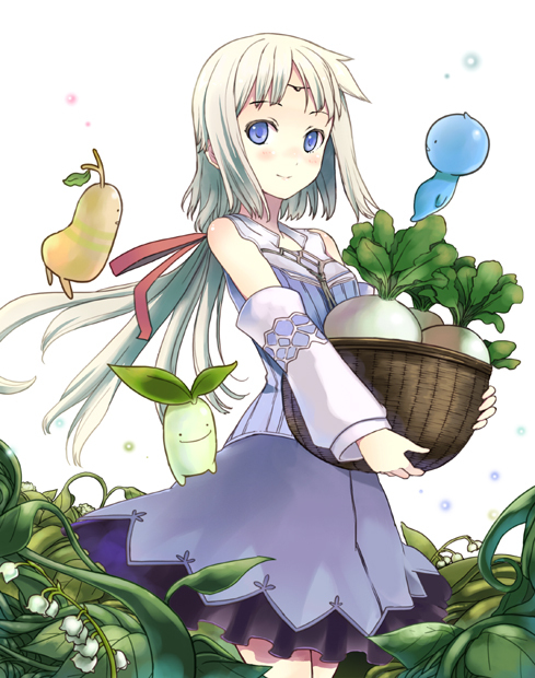 blue_eyes circlet creature detached_sleeves dress flower katase_yuu lily_of_the_valley mist_(rune_factory) plant ponytail revision rune_factory rune_factory_1 rune_factory_frontier smile tiara turnip white_hair